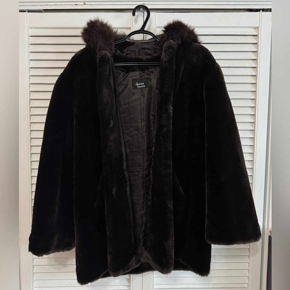 Dennis Basso Luxury Dark Brown Faux Fur Coat